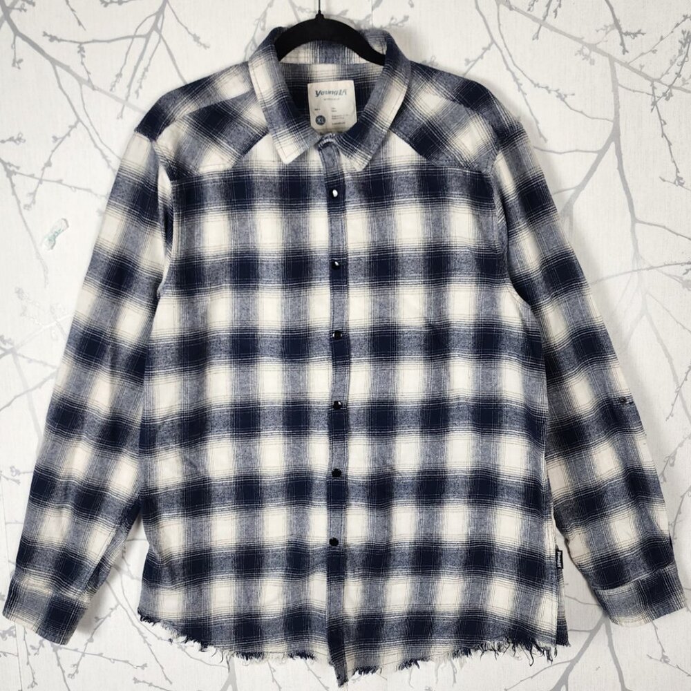 YoungLA Navy Plaid 100% Cotton Snap Closure Raw Hem Flannel Shirt